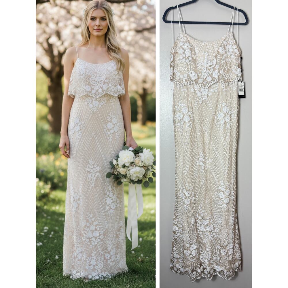 Bridal Wedding Dress BHLDN Adrianna Papell White Sequin Floral Gown Bride Boho